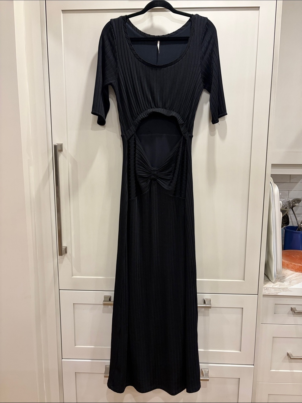 Free People Black Short Sleeve ribbed knit Maxi Dress with Front Knot Cutout